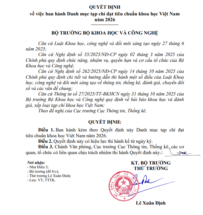 Quyết định ban hành Danh mục Tạp chí chuẩn khoa học Việt Nam 2026